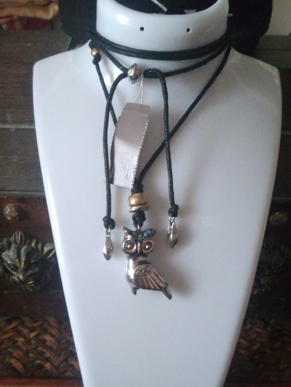 J. Jill Silver Owl Pendant Layered Necklace with Black Cord and Gold Accents